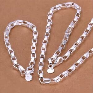 925 Silver Plated Box Chain Necklace & Bracelet Set 4mm Fashion Birthday Gift